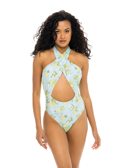 Santorini Halter Wrap One Piece Swimsuit - Main Squeeze Print